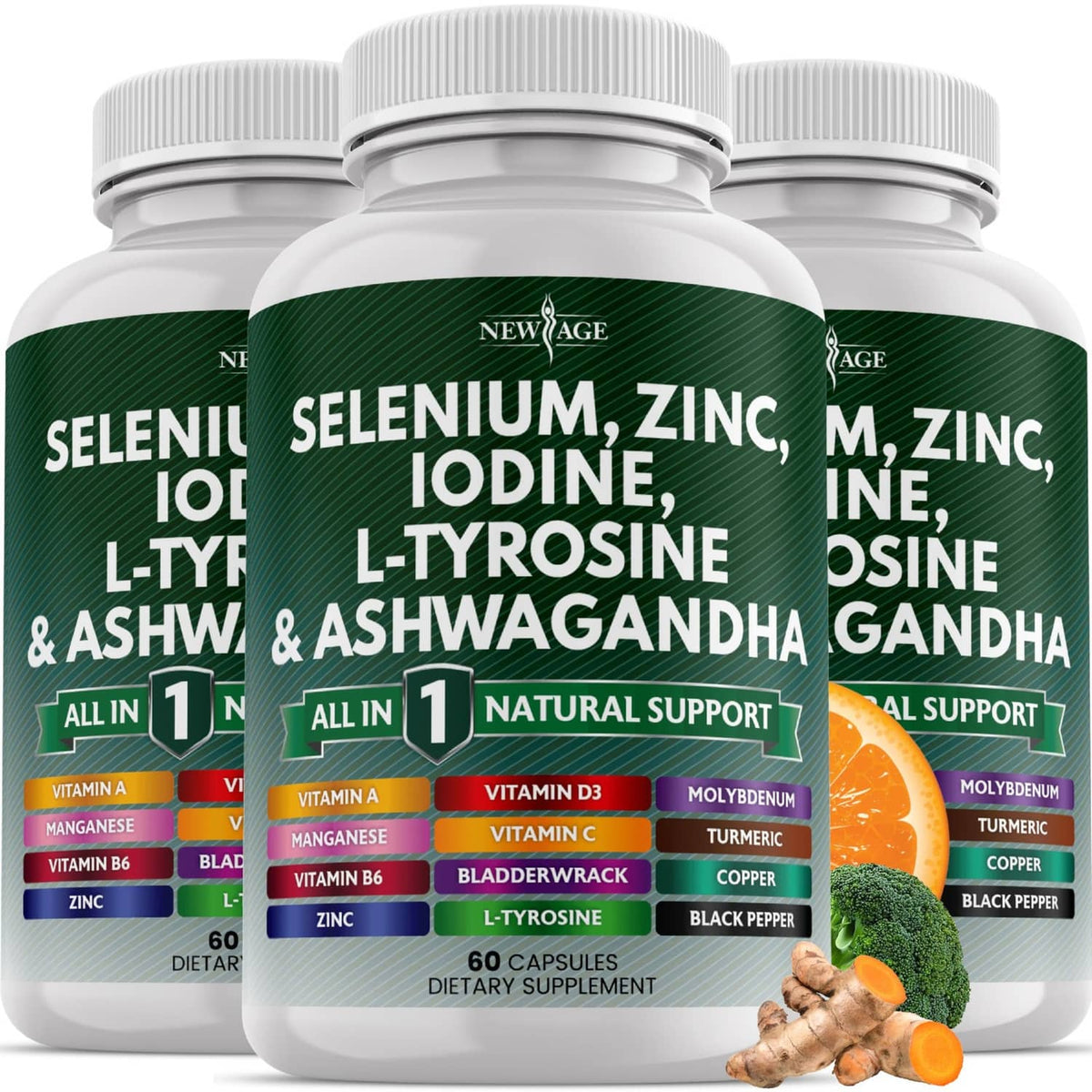 Three Selenium, zinc, iodine supplement bottles with front green ingredient labels
