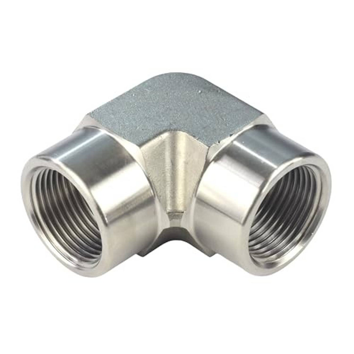 Stainless steel 90-degree elbow pipe fitting showing both threaded ends
