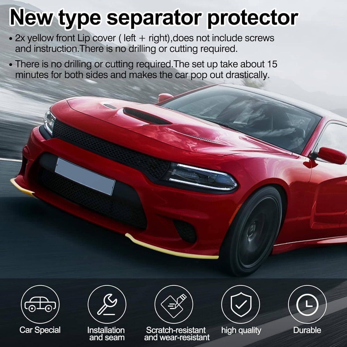 Yellow front bumper lip splitter protector on the front bumper of a red car