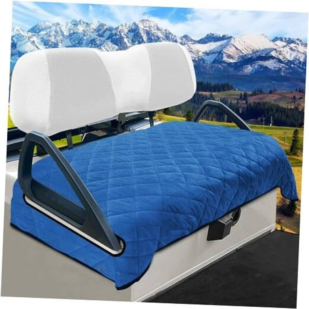 Deep blue thick quilted plush golf cart seat cover towel with black trim and handles