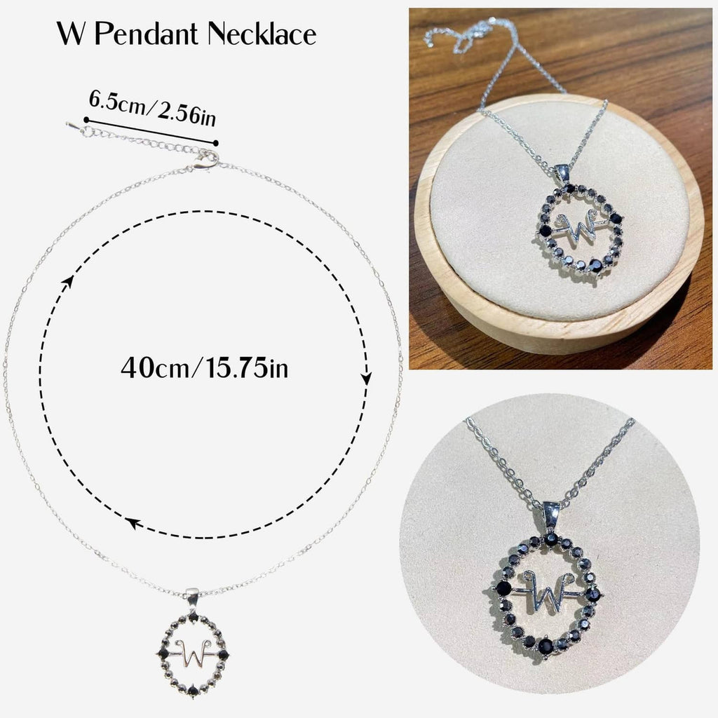 W pendant necklace with chain and blue crystal-style charm
