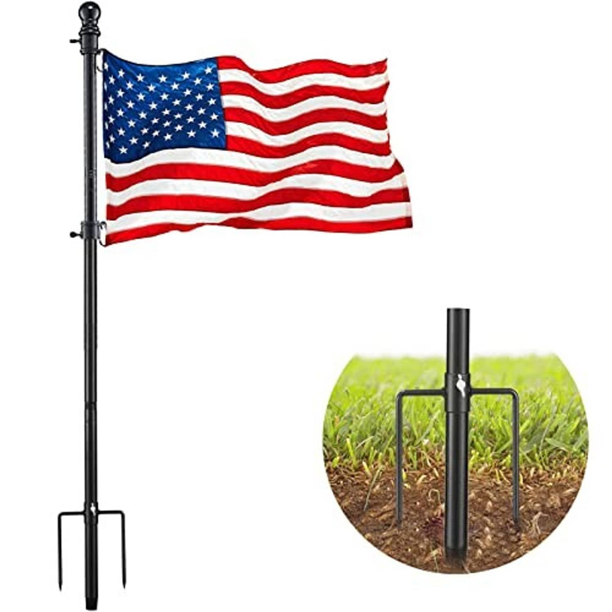 Black flag pole with American flag attached; includes ground prongs.