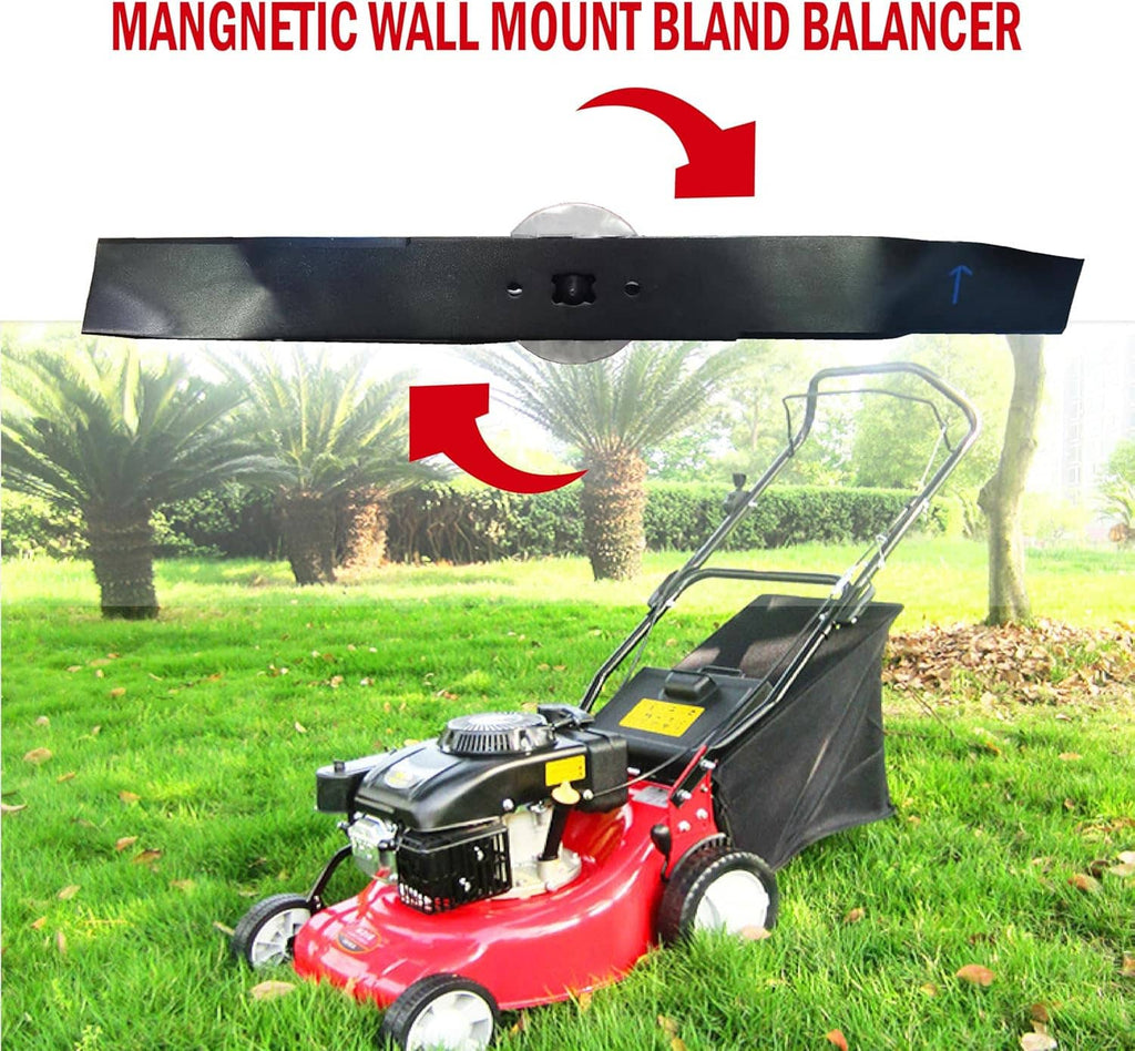 Magnetic wall mount blade balancer with red base and silver cone attached above a lawn mower