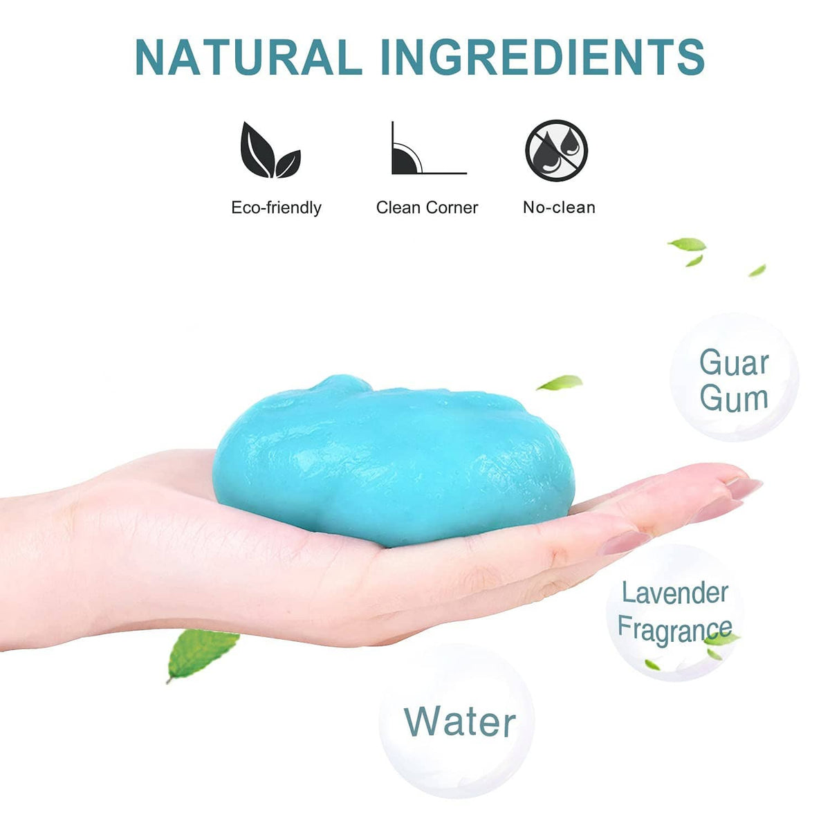 Blue cleaning gel putty held in hands with natural ingredient details
