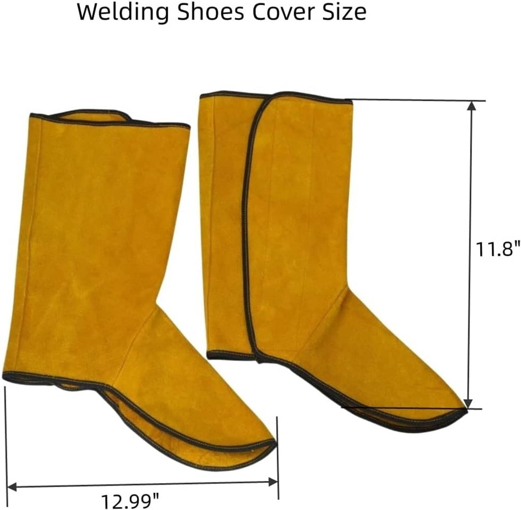 Leather welding shoes covers, tall yellow pair with black edge trim