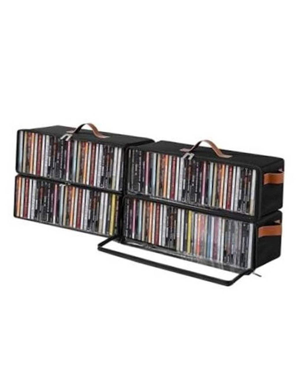 Black CD storage box with clear front window and zipper, orange handle straps
