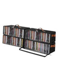Black CD storage box with clear front window and zipper, orange handle straps
