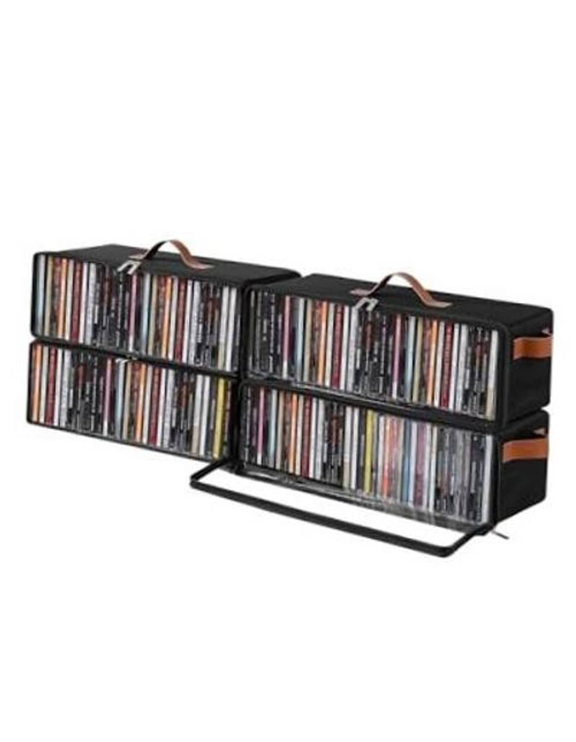 Black CD storage box with clear front window and zipper, orange handle straps