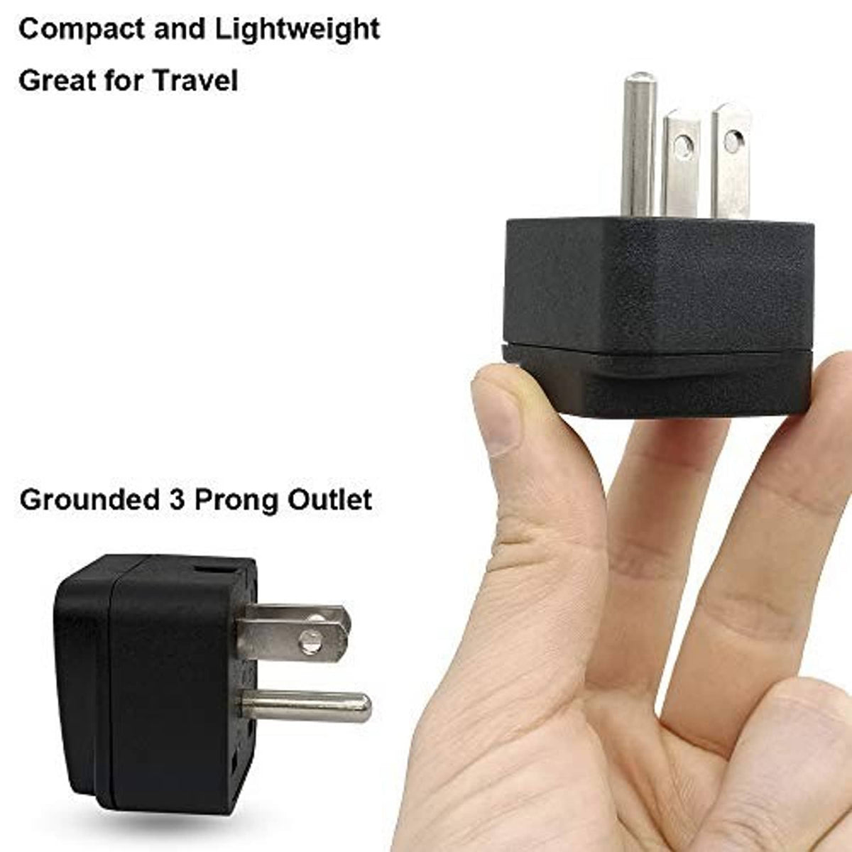 Black plug adapter held in hand with two metal pins and grounded 3-prong outlet