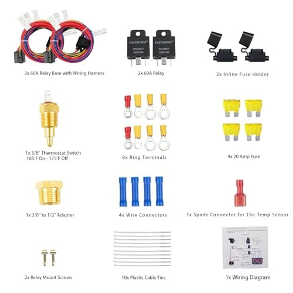 Dual electric fan relay kit parts set: relays, fuses, terminals, wire connectors, and wiring diagram