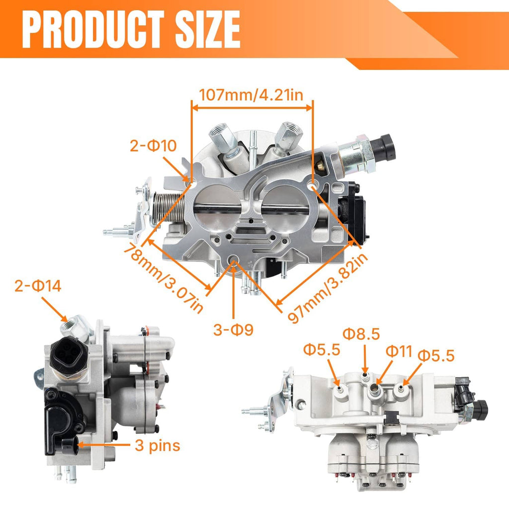 Throttle body size diagram showing dimensions and multiple component views