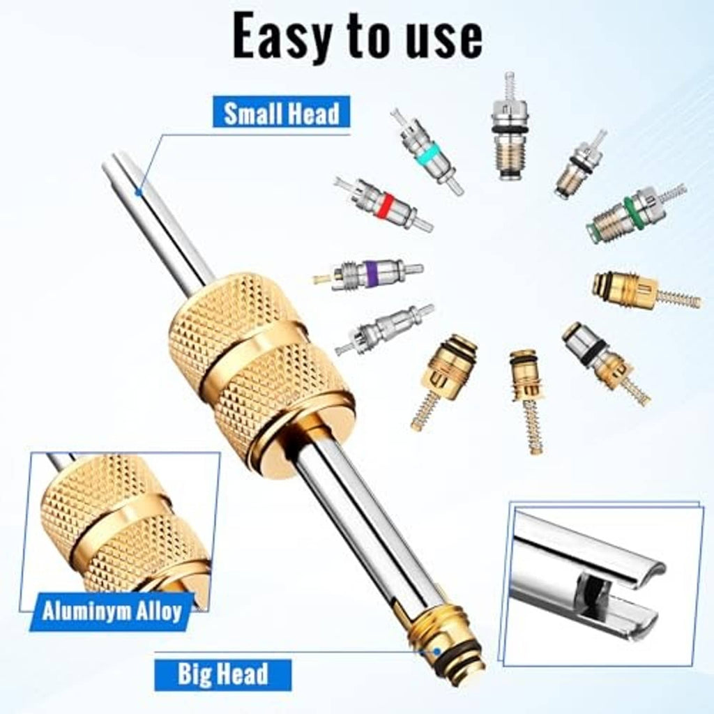 Aluminum and brass service valve tool with assorted A/C valve cores