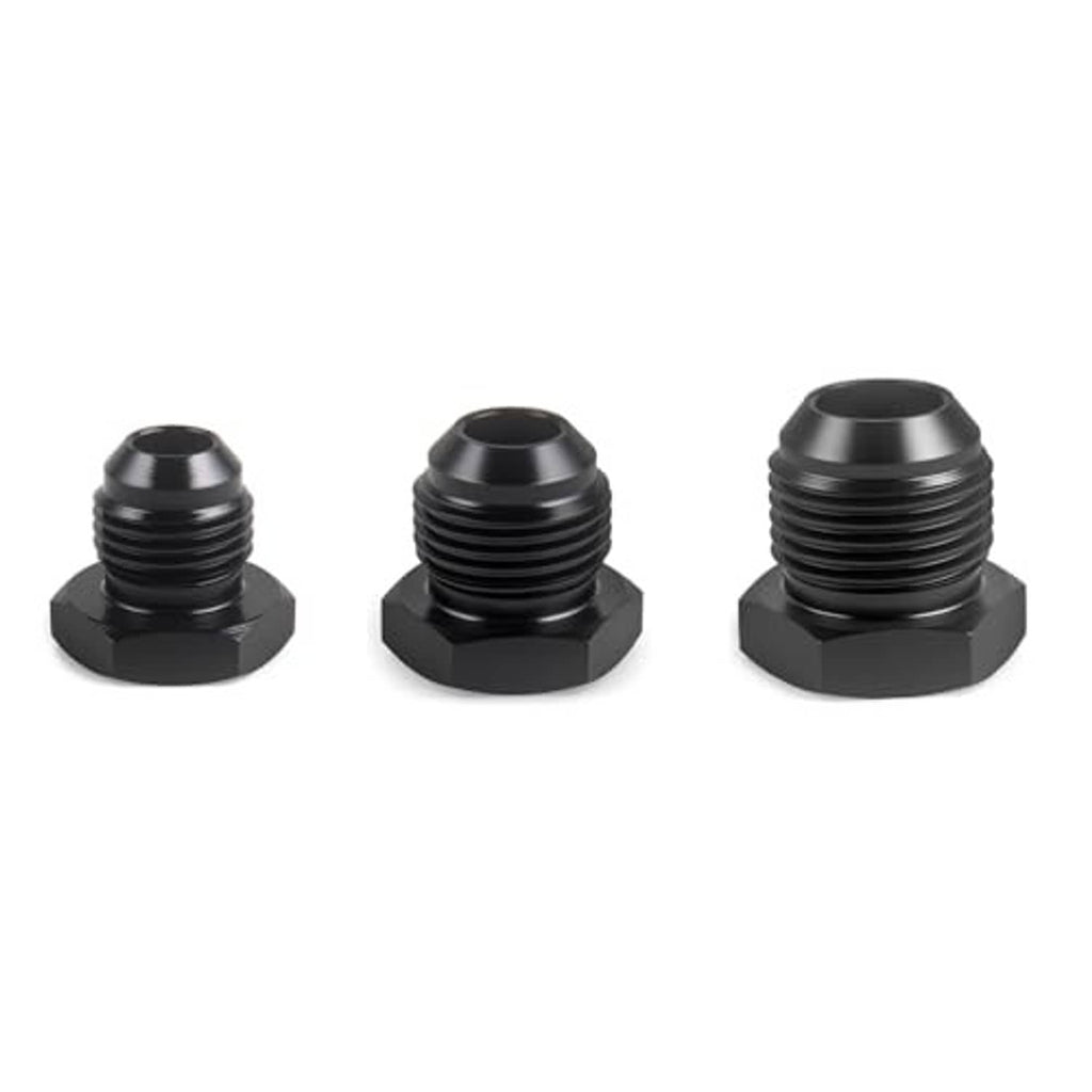 Three black hex aluminum flare blanking plug adapters with threaded openings.