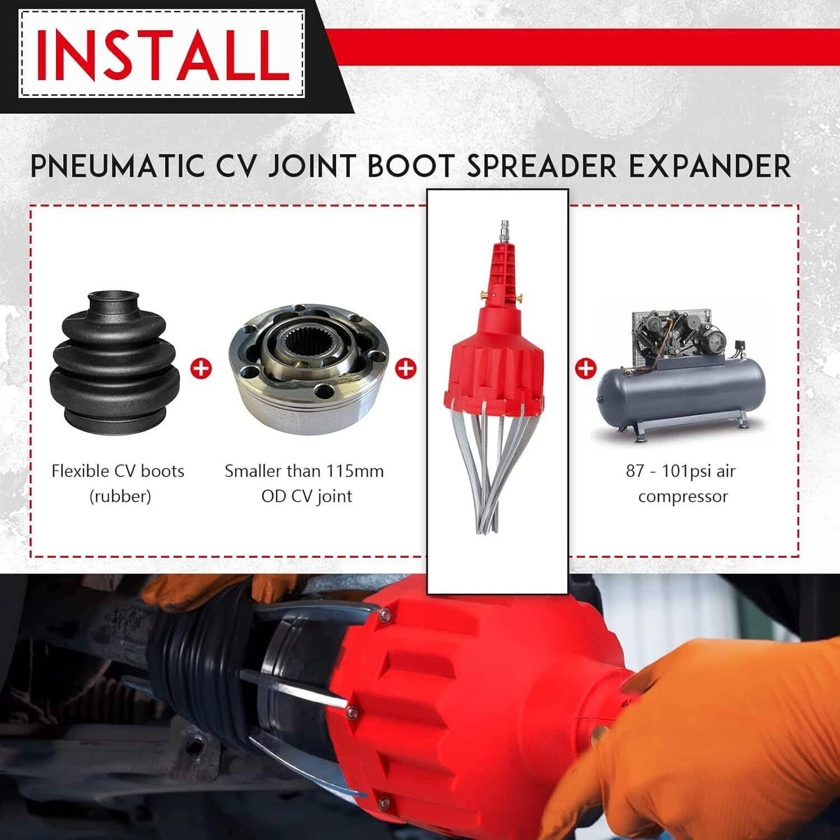 Red pneumatic CV joint boot installation tool with metal claws and air compressor hose port