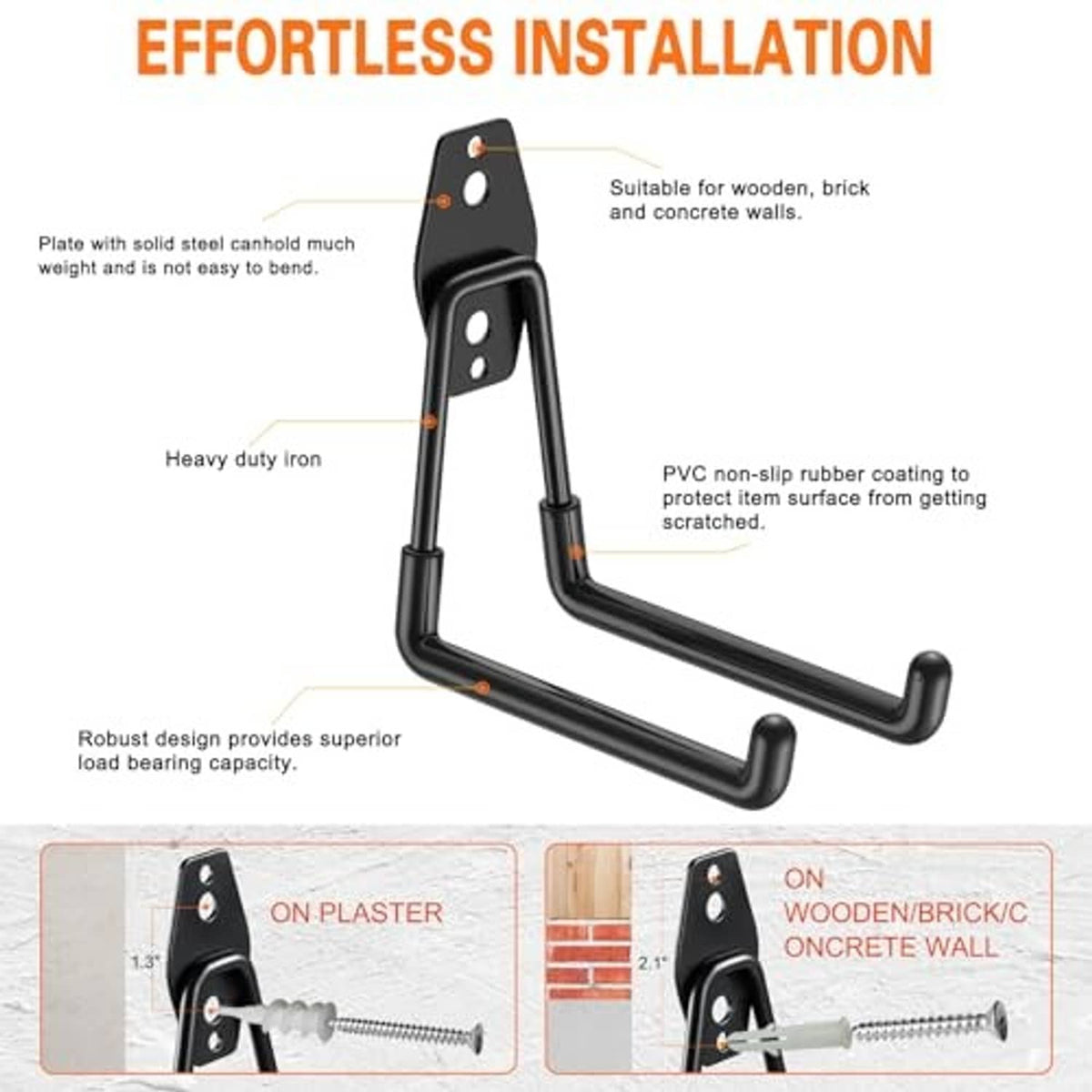 Black U-hook garage hook with PVC anti-slip coating and mounting screws