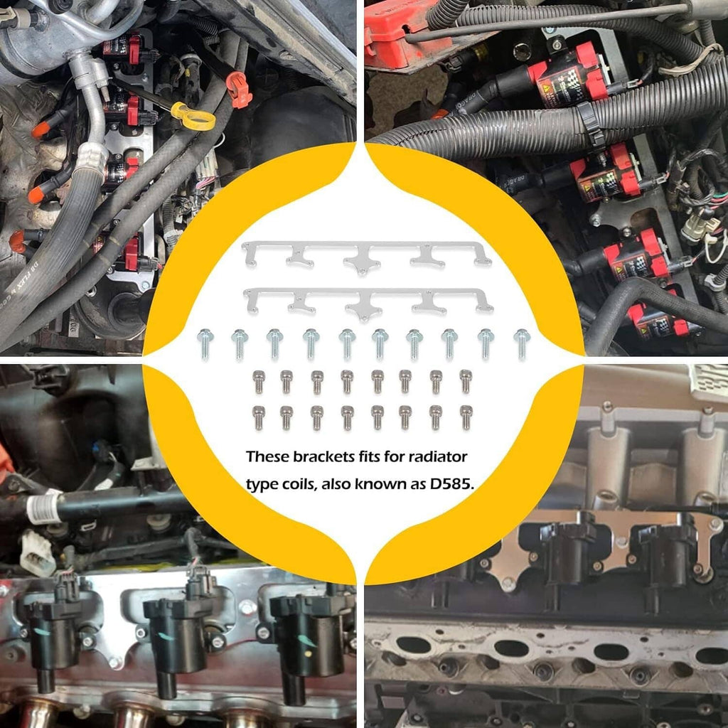 Billet aluminum coil brackets shown with hardware and installation guide graphic