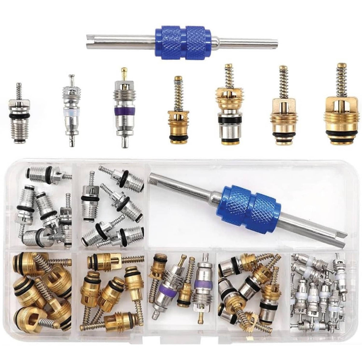 Car AC valve core removal kit in clear case with dual-end blue core tool
