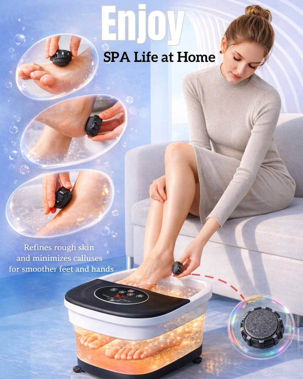Heated foot spa with bubble water and warm glowing heat from the base