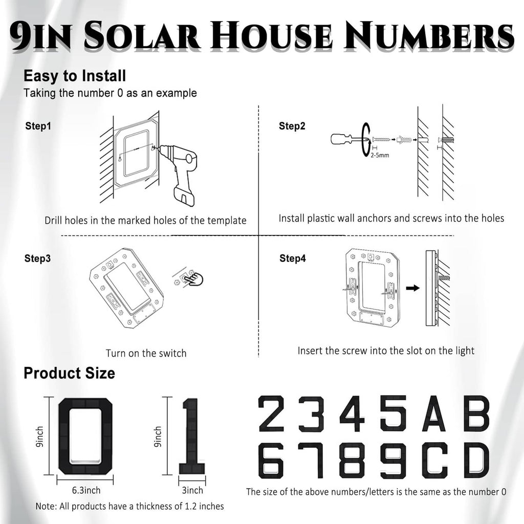 Solar house number light with installation diagram and size chart for digits