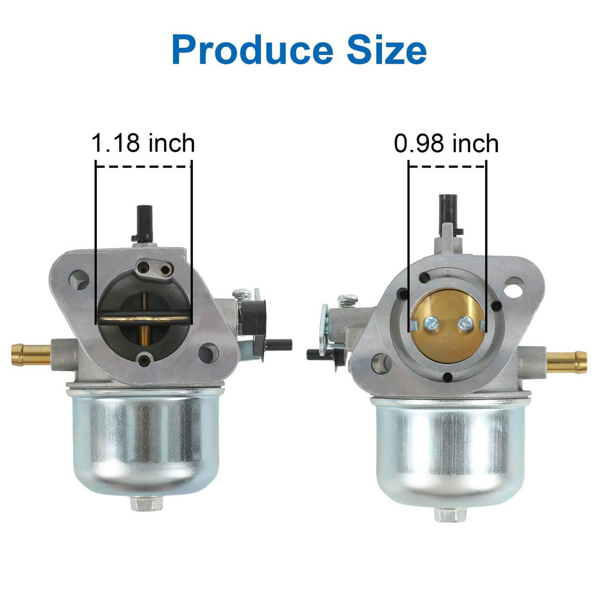 Carburetor kit size diagram showing overall dimensions and mounting profile