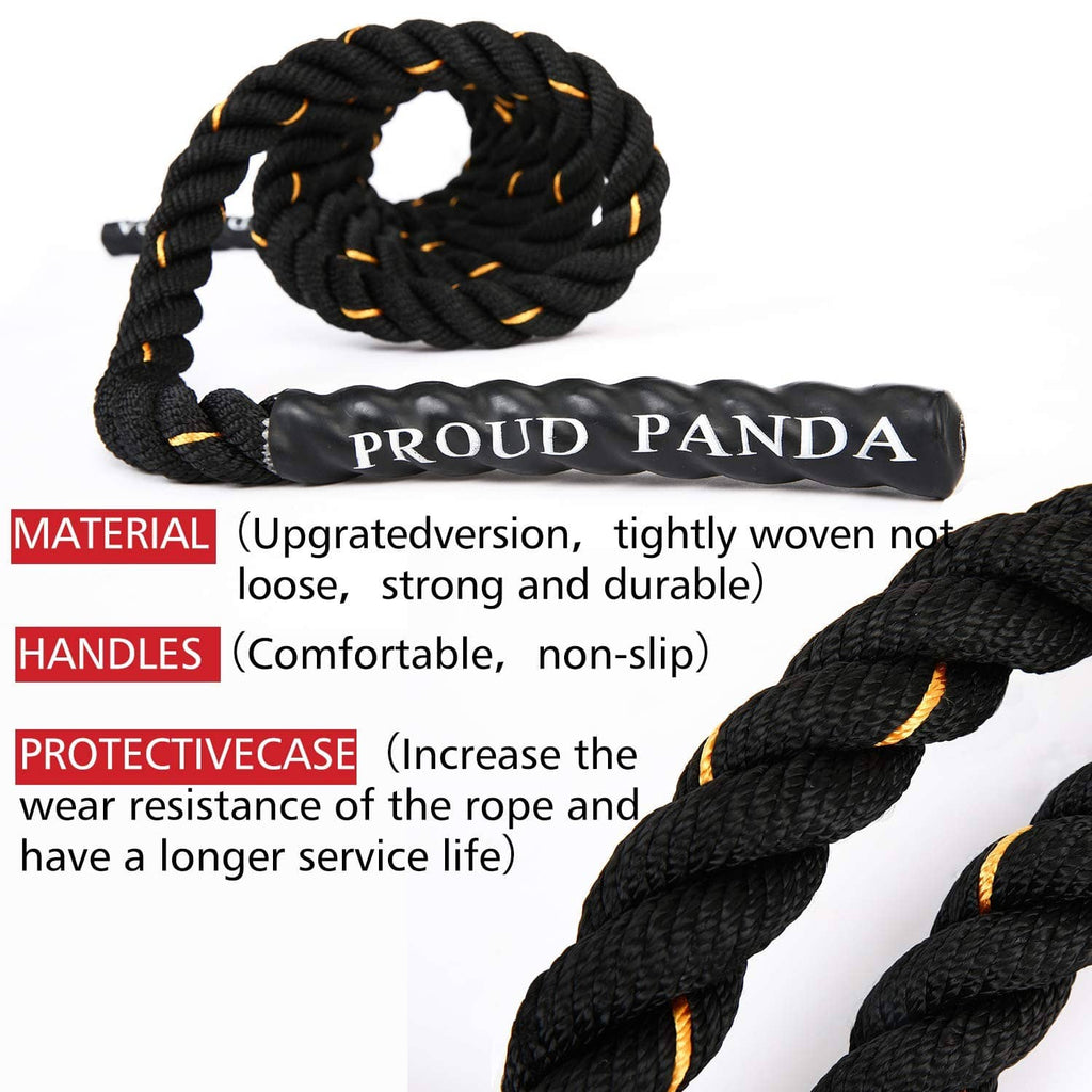 Black weighted jump rope with orange accents; PROUD PANDA logo on handle coating.