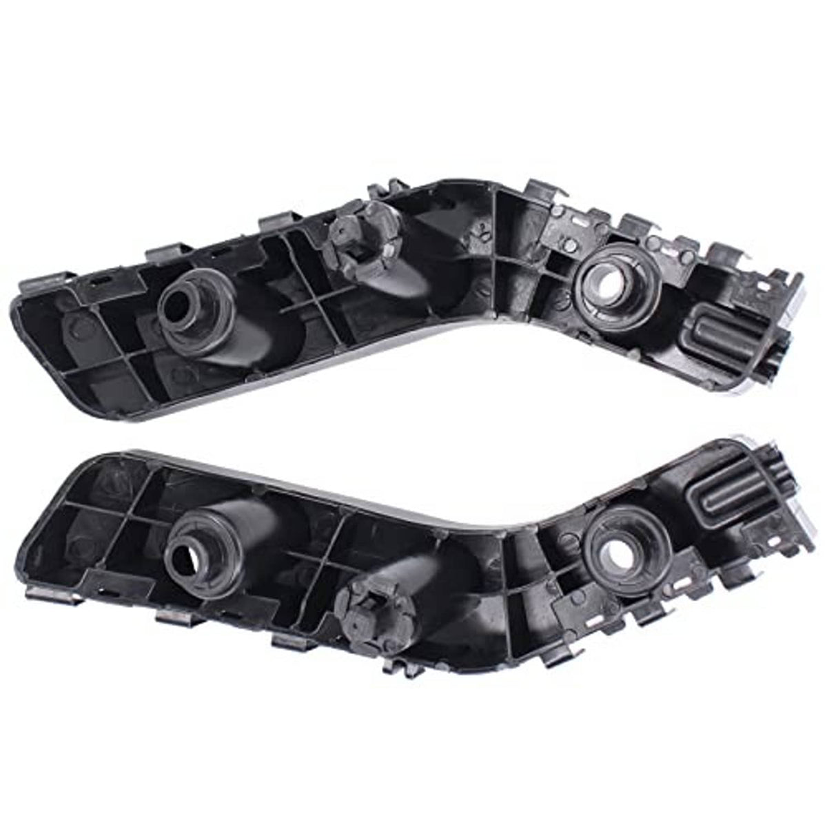 Pair of front bumper bracket retainer mounts, black plastic, underside with circular ports