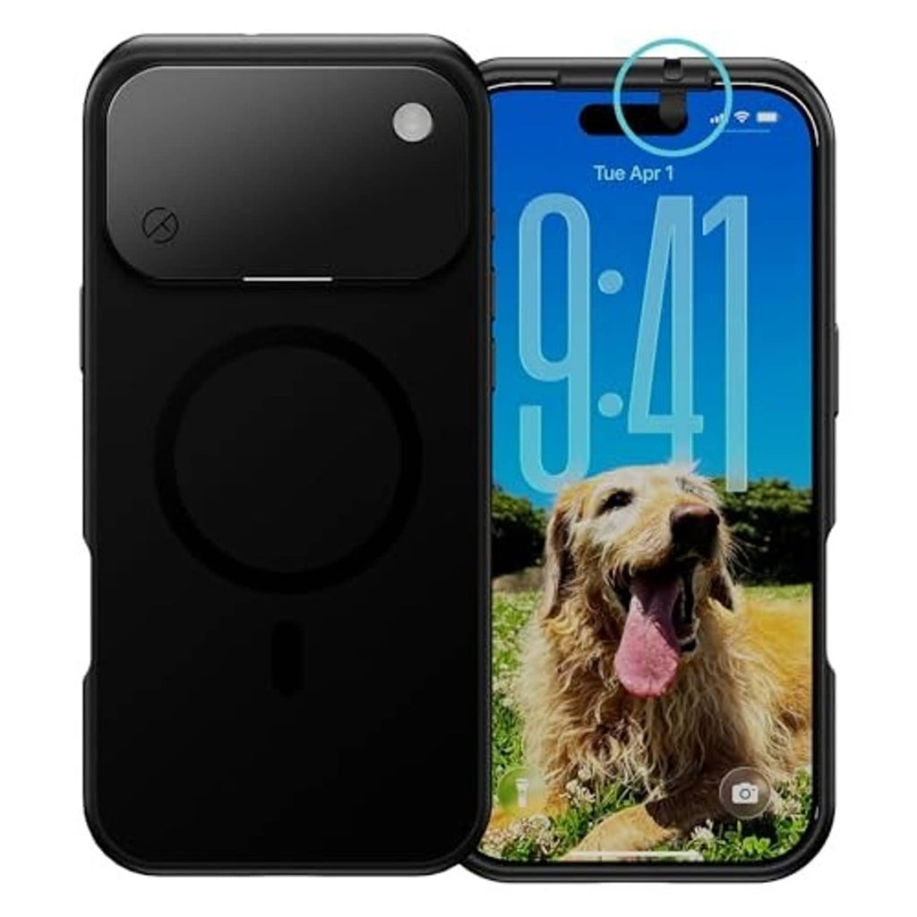 Black iPhone privacy case shown front and back with camera privacy cutouts