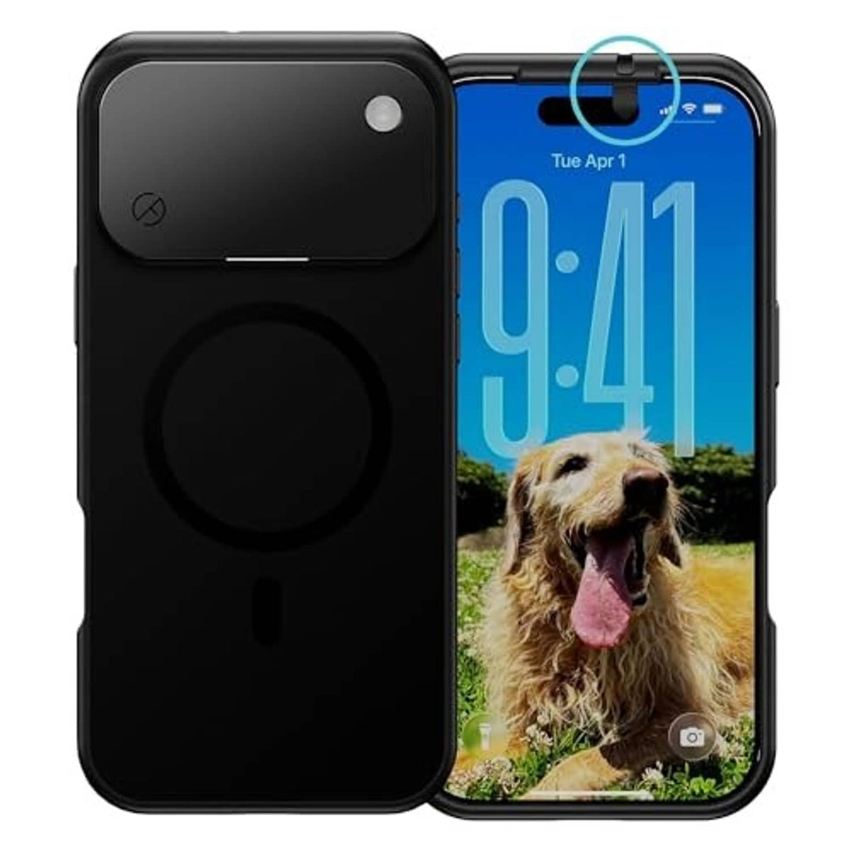 Black iPhone privacy case shown front and back with camera privacy cutouts