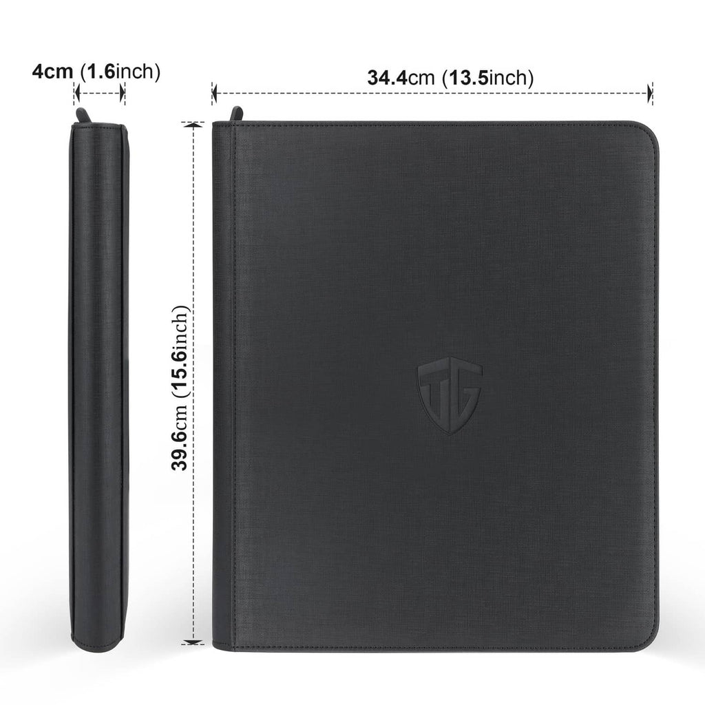 Black toploader binder with spine and front TG emblem, square cover