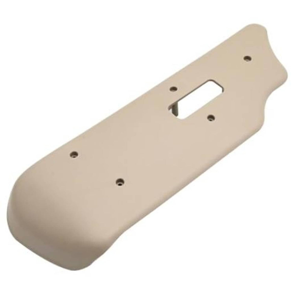 Beige driver power seat switch bezel with rectangular cutout and mounting holes