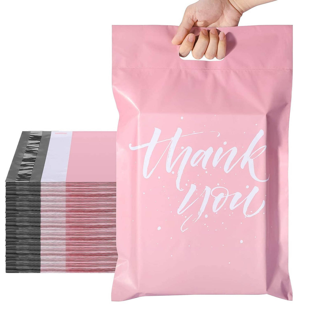 Pink poly mailer shipping bag with “Thank you” print and self-seal flap