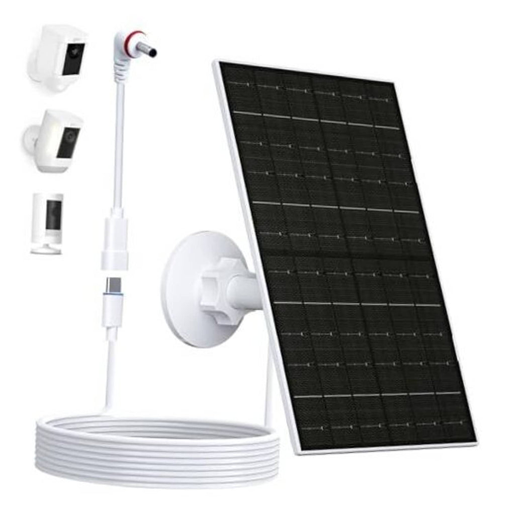 Solar panel charging kit with black panel, white wall mount, and Type-C power cable