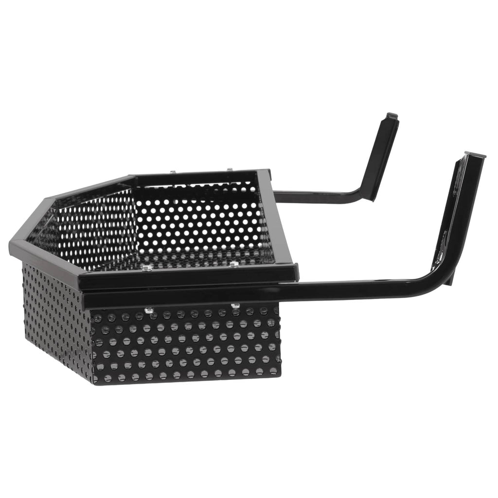 Front cargo basket with perforated tray and raised side rails plus mounting brackets