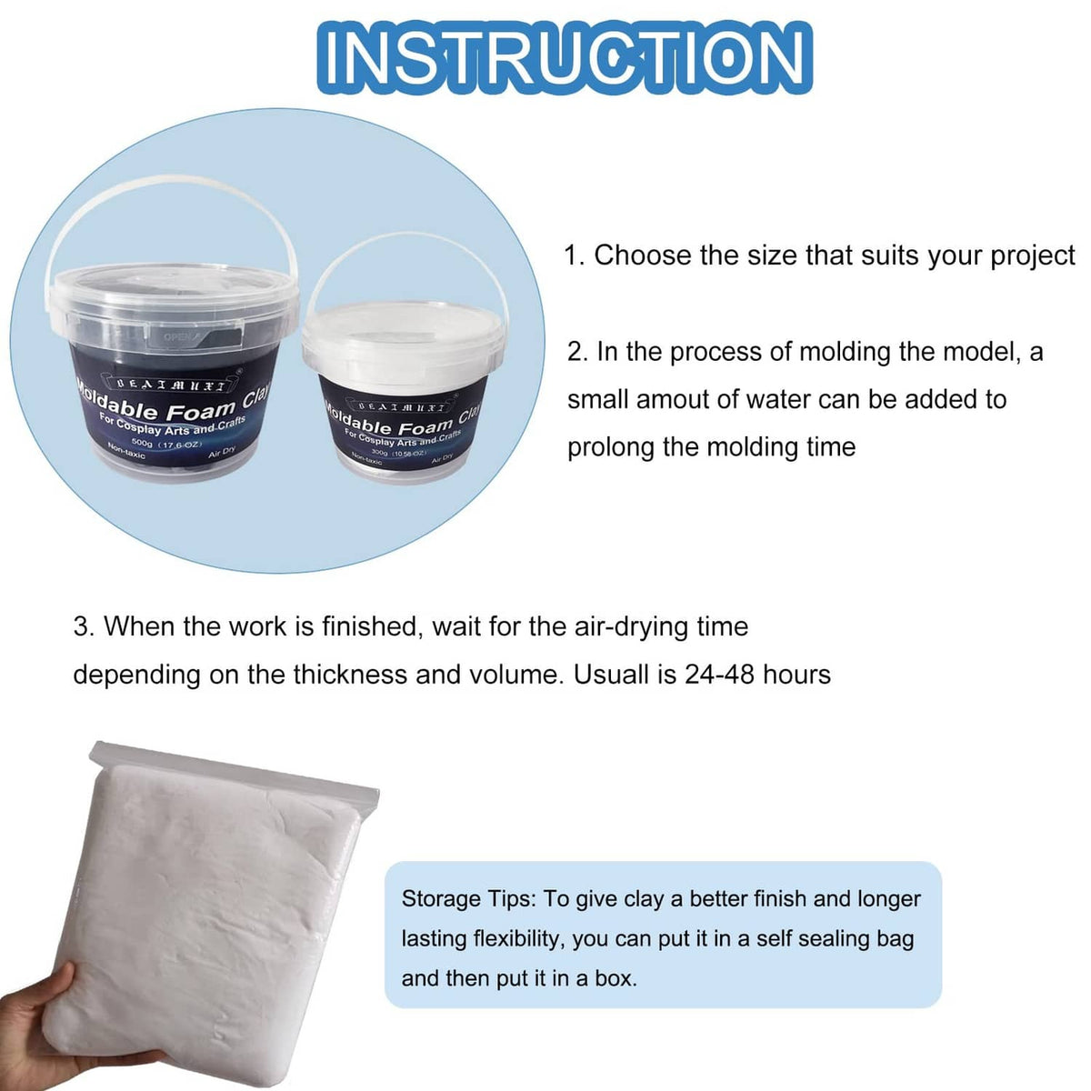 Foam clay instruction panel with lidded tub and folded white clay pouch