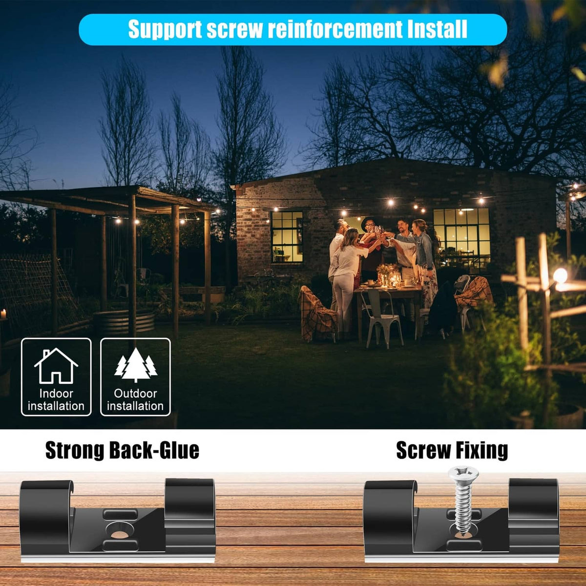 Black self-adhesive cable clips with screw reinforcement for quick installation