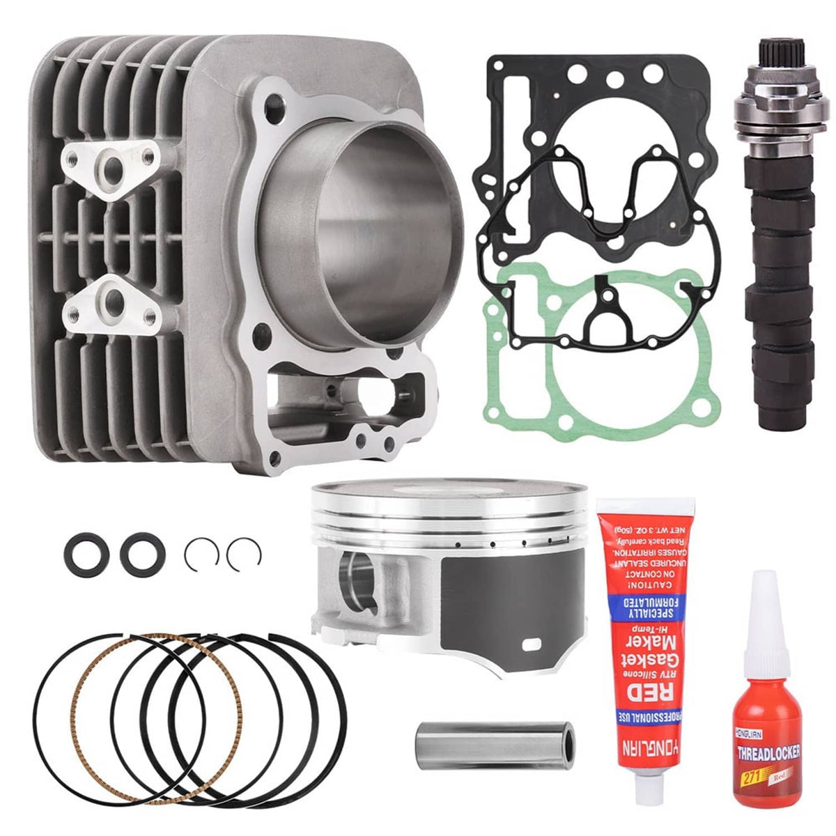 Engine cylinder assembly kit with piston, piston rings, gasket set, and camshaft piece
