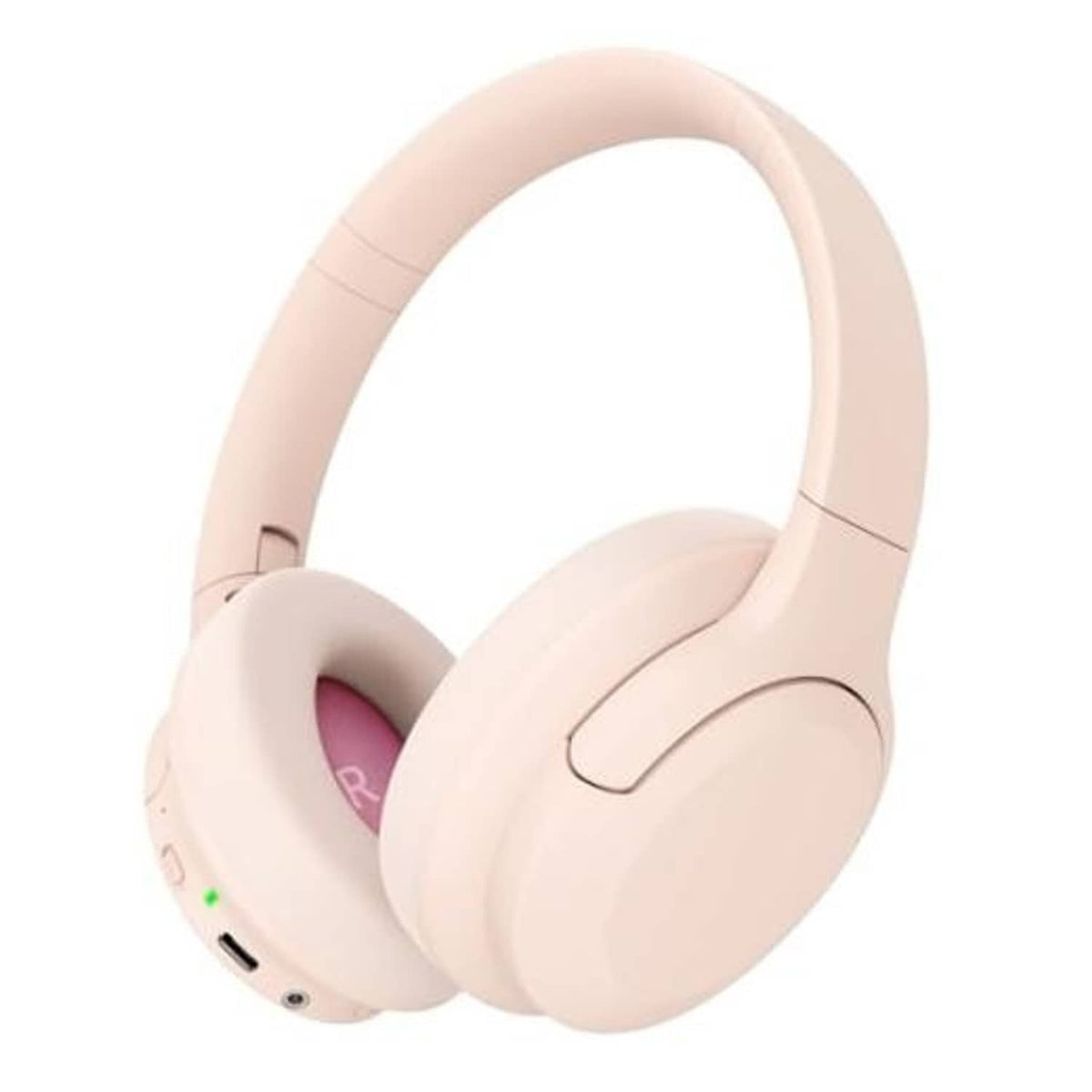 Wireless over-ear noise-cancelling headphones in light pink with cushioned headband