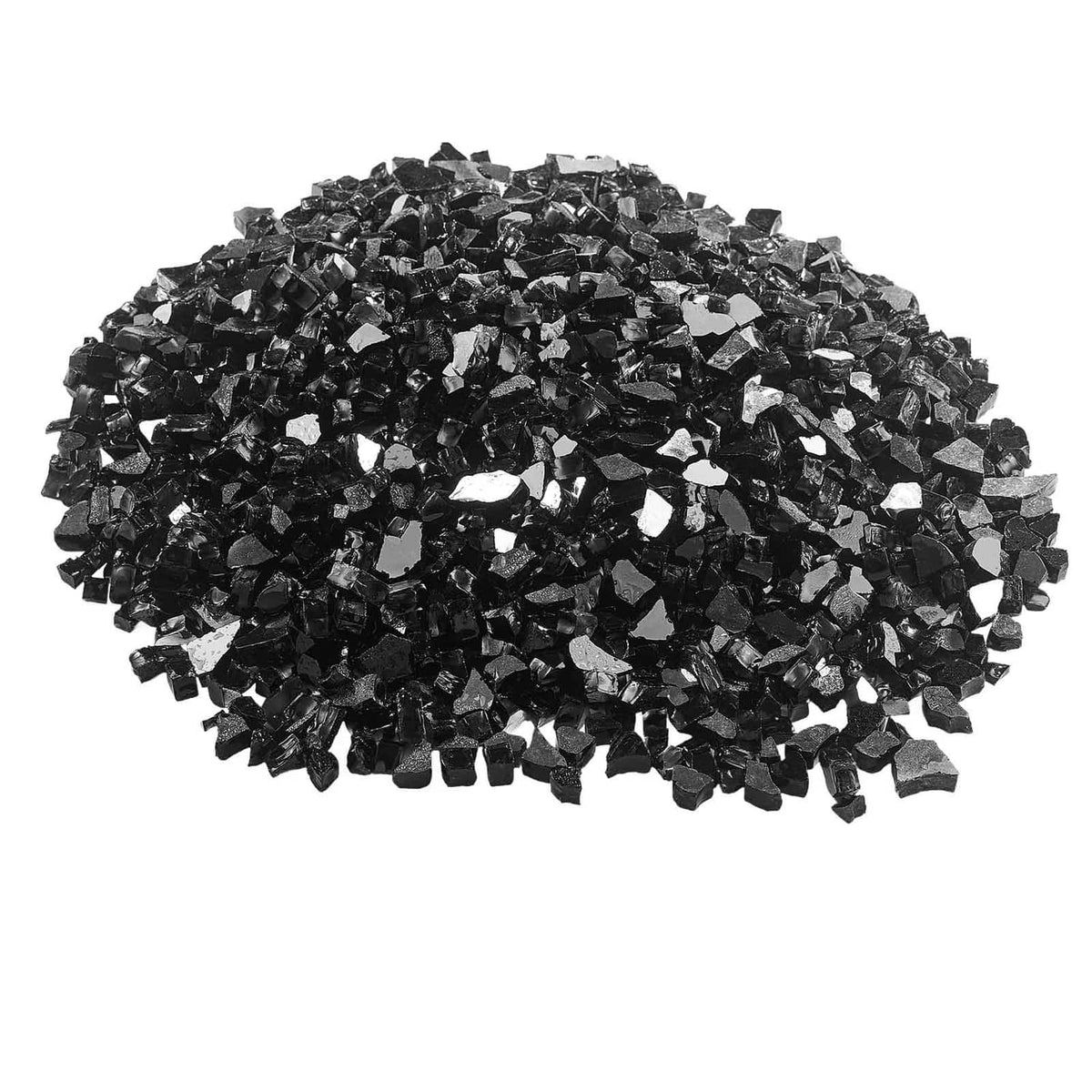 Black crushed fire pit glass rocks heap with loose faceted pieces