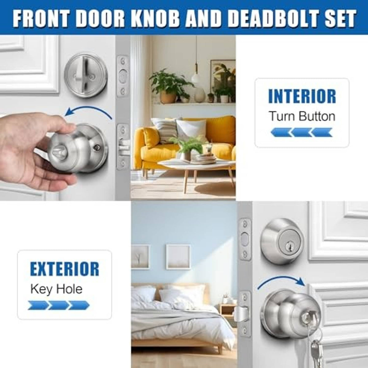Front door knob and deadbolt set in satin nickel, shown with interior and exterior views