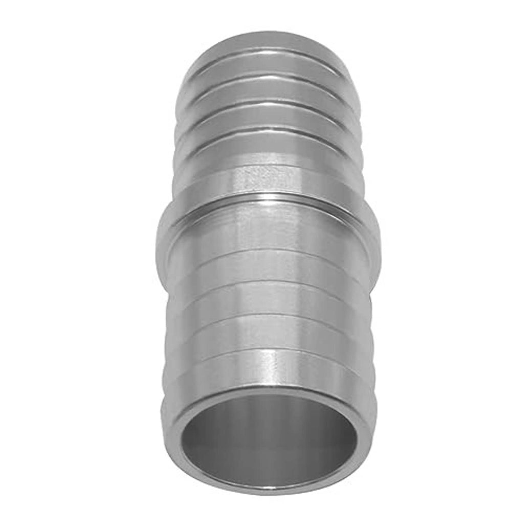 Silver hose barb coupler reducer, end view with circular opening and ridges