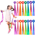 Rainbow ribbon streamer set with rosette ties, multicolor ribbons held by child
