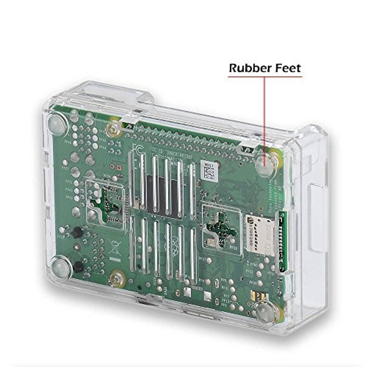 Transparent Raspberry Pi 3B+ case back PCB view with cooling holes and rubber feet