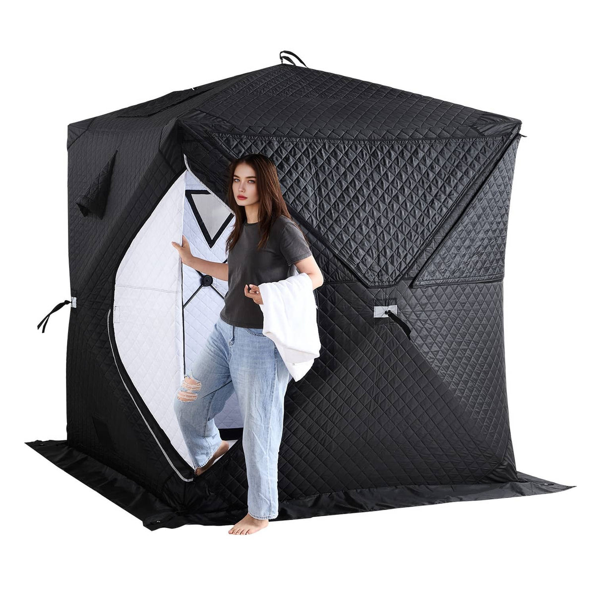 Black sauna tent for 4 people with open doorway and reflective silver interior, quilted canvas