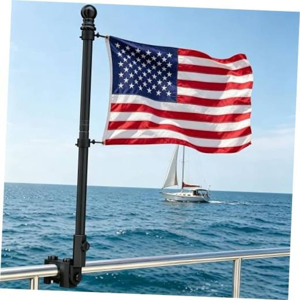 Stainless steel boat flag pole with US flag, mounted on rail