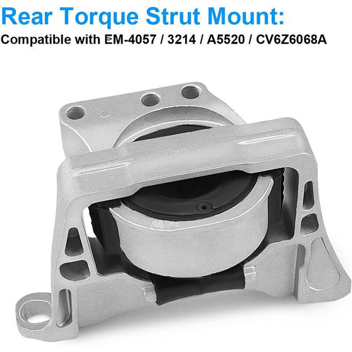Rear torque strut mount with black rubber bushing and silver metal frame