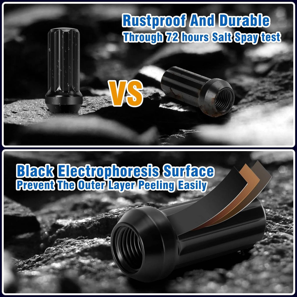 Dynofit black electroplated lug nuts, rustproof durability salt-spray test graphic