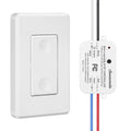 Wireless light switch and receiver module with ON/OFF buttons and wiring leads