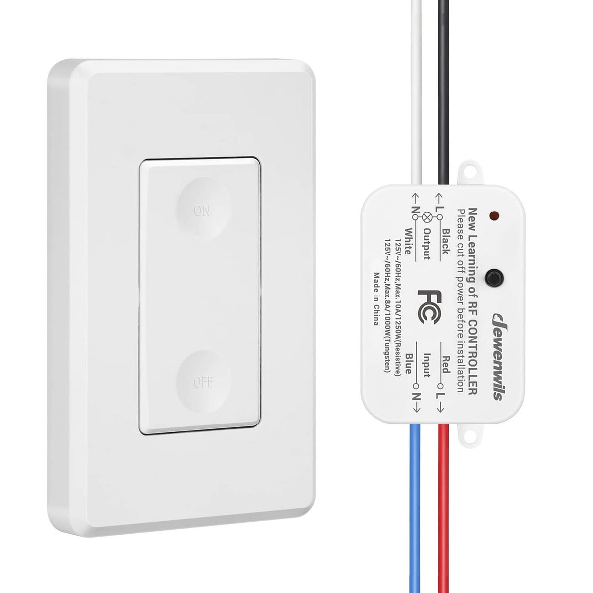 Wireless light switch and receiver module with ON/OFF buttons and wiring leads