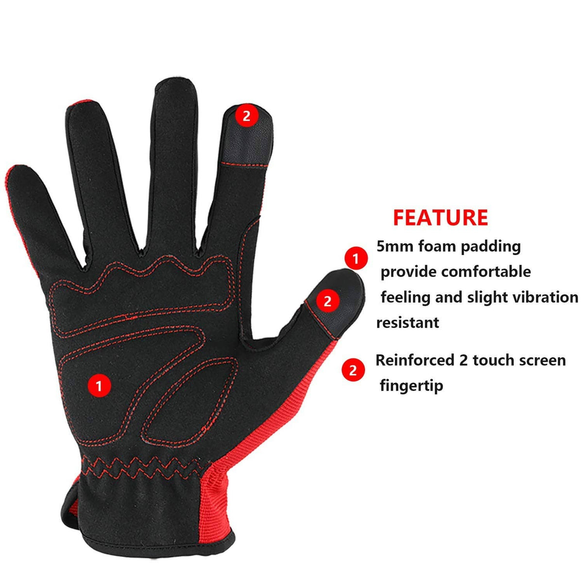 Black and red work glove with padded knuckles and red stitching detail