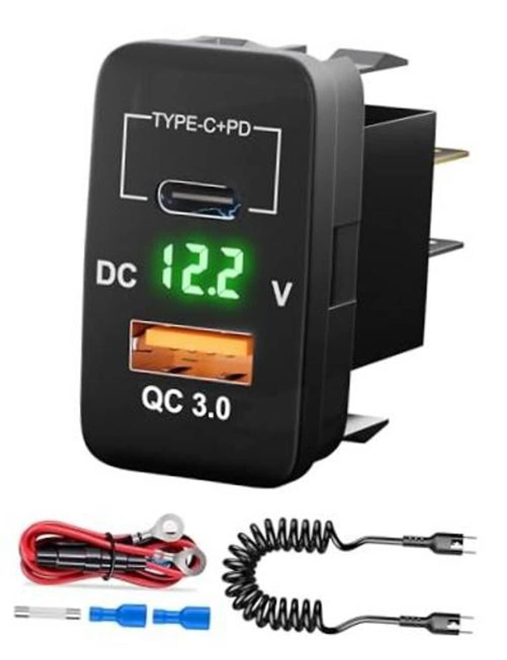 Dual USB car charger with green volt display, Type-C PD and QC 3.0 ports